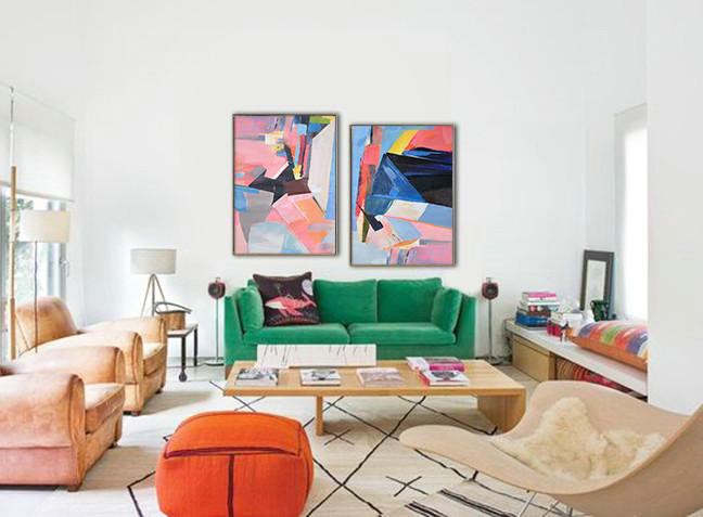 Hand Painted Extra Large Abstract Painting,Set Of 2 Contemporary Art On Canvas,Acrylic Painting Large Wall Art,Pink,Blue,Black,Red.etc